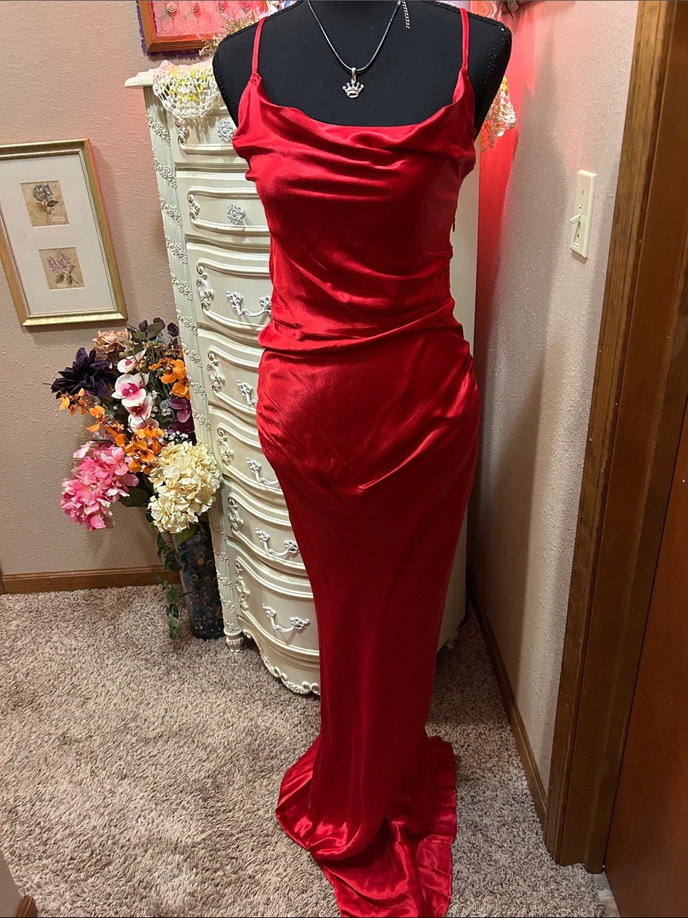 Red Satin Cowl Neck Prom Gown